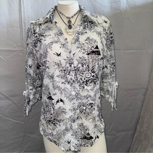 Y2K Mesh Sheer Button Up Shirt Sz L/XL Floral Oriental grunge eclectic funky top